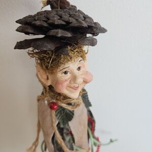 Vtg Woodland Elf Pixie Fairy Christmas Ornament Pine Cone Hat